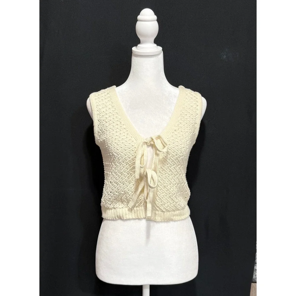 Hippie Rose Sweater Vest Womens Small Cream Boho Open Knit Front Tie Cropped‎